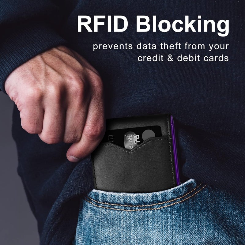 GSOIAX محفظة رفيعة للرجال مصنوعة من الجلد الطبيعي وألياف الكربون مع تقنية حجب RFID وحامل بطاقات ائتمان مع علبة هدايا (أسود وبنفسجي) - Image 4